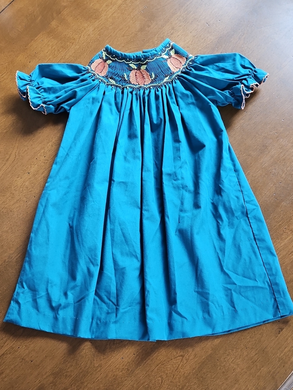 Smocked Pumpkin Motif Girls Dress - Teal Blue